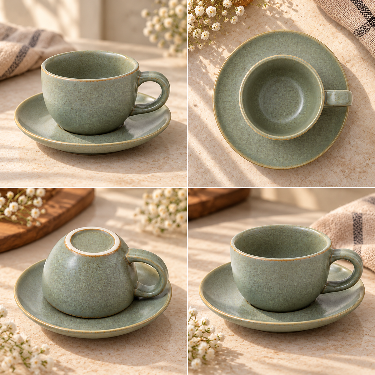 Elegant Ceramic Tea Cup with Saucer in Sage Green Colour