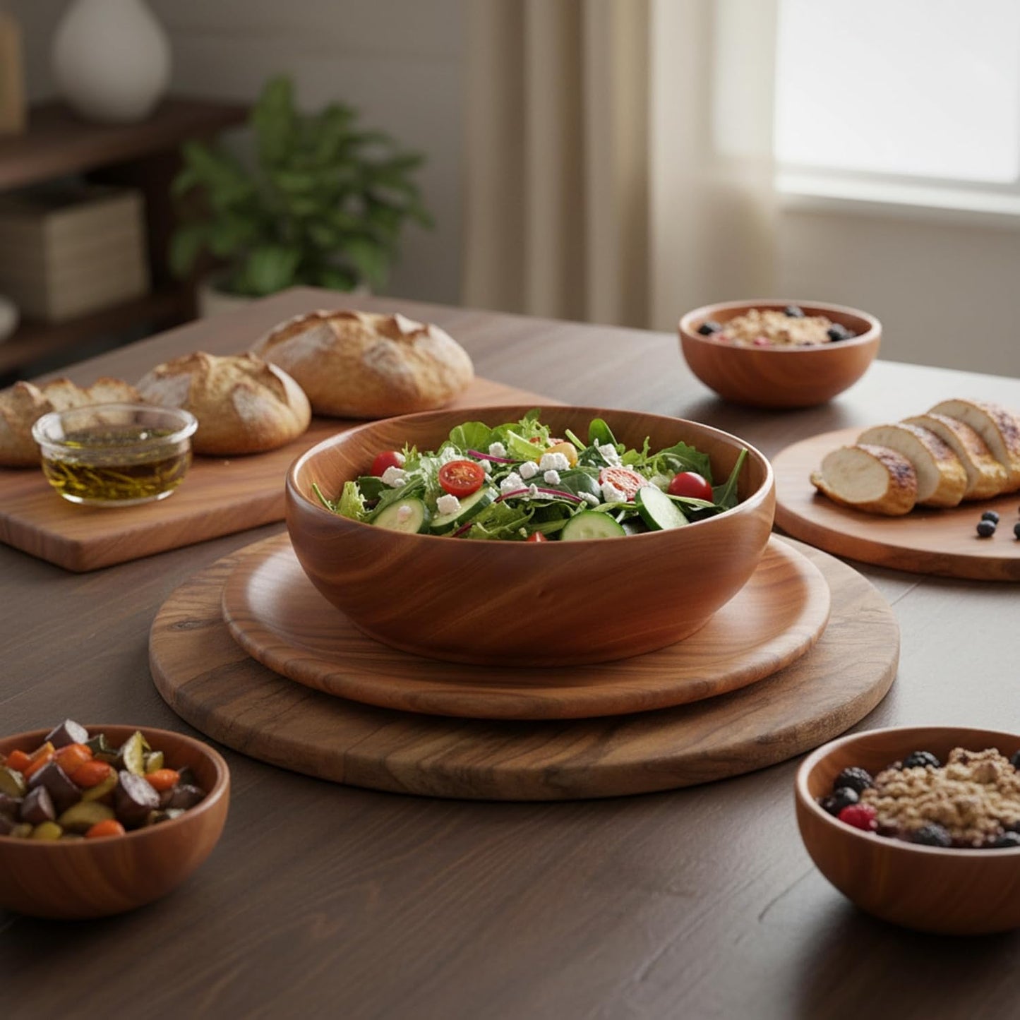 Premium Mahogany Wooden Salad Bowl (10 Inch) | Large Serving Bowl for Fruits, Rice & Face Ice Dipping