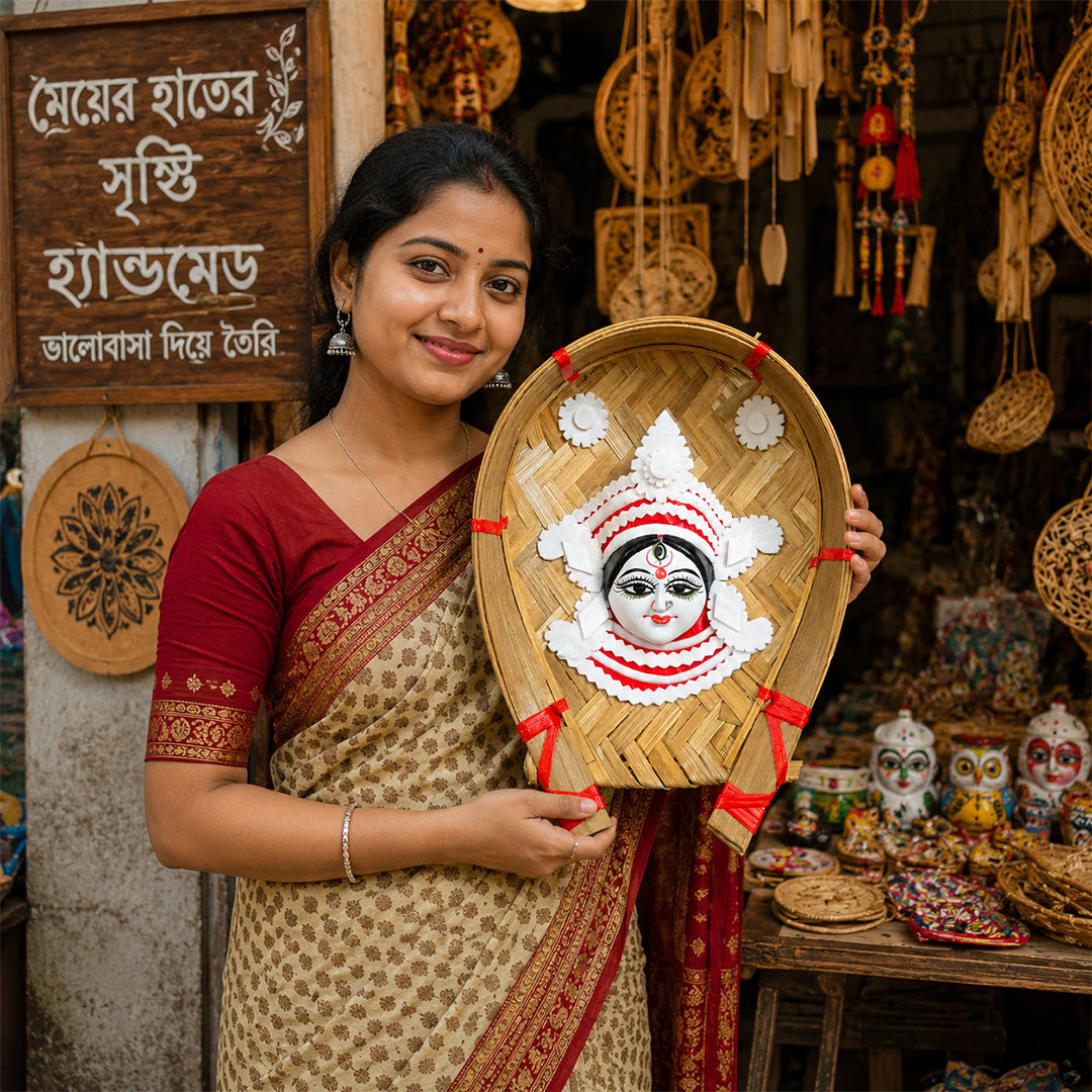 Handcrafted Sholapith Devi Wall Hanging | Traditional Bengali Durga Face Art on Bamboo Kulo | Ethnic Home Décor I Devi Artistry