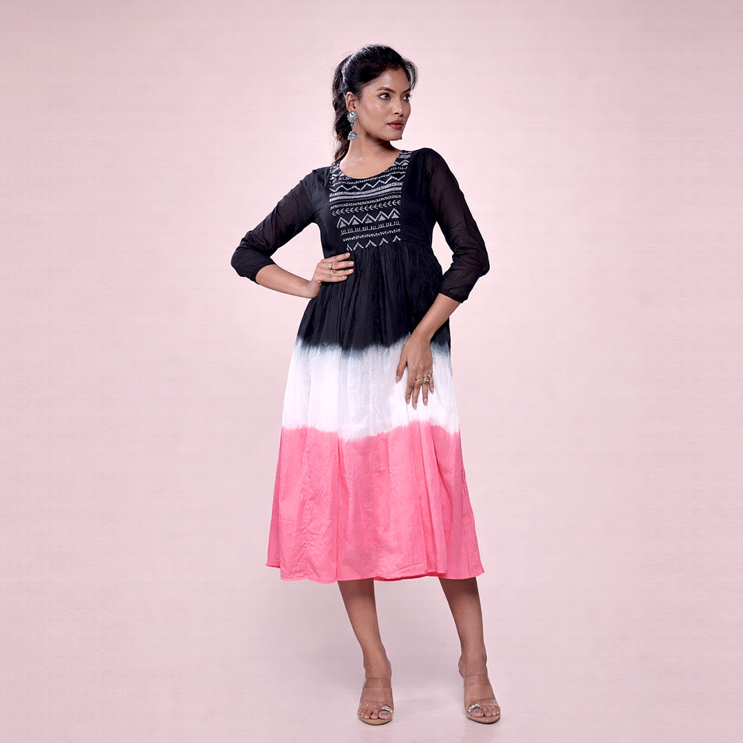 Cotton Ombre Midi Dress for Women | Embroidered Yoke Ethnic Flared Dress