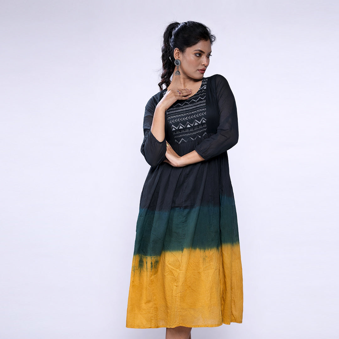 Cotton Ombre Midi Dress for Women | Embroidered Yoke Ethnic Flared Dress