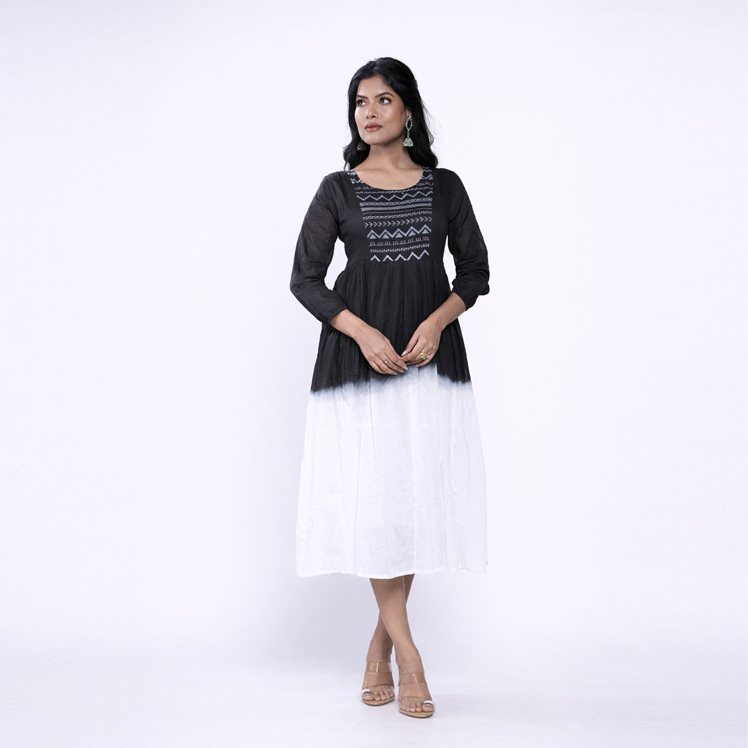 Cotton Ombre Midi Dress for Women | Embroidered Yoke Ethnic Flared Dress