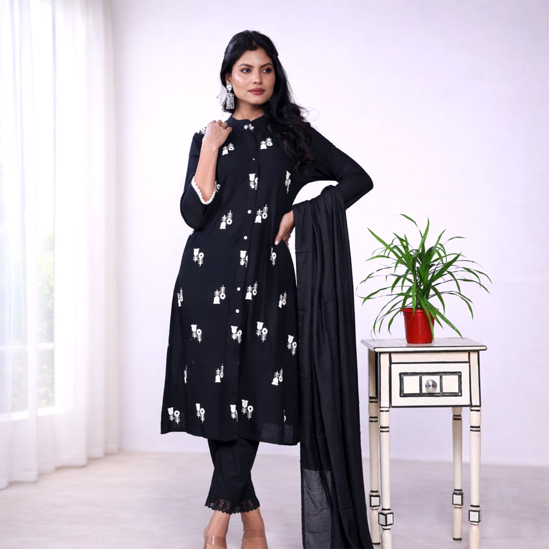 Women's Black Printed Cotton Kurta Set with Dupatta | 3-Piece Ethnic Suit Set | Casual, Office & Festive Wear