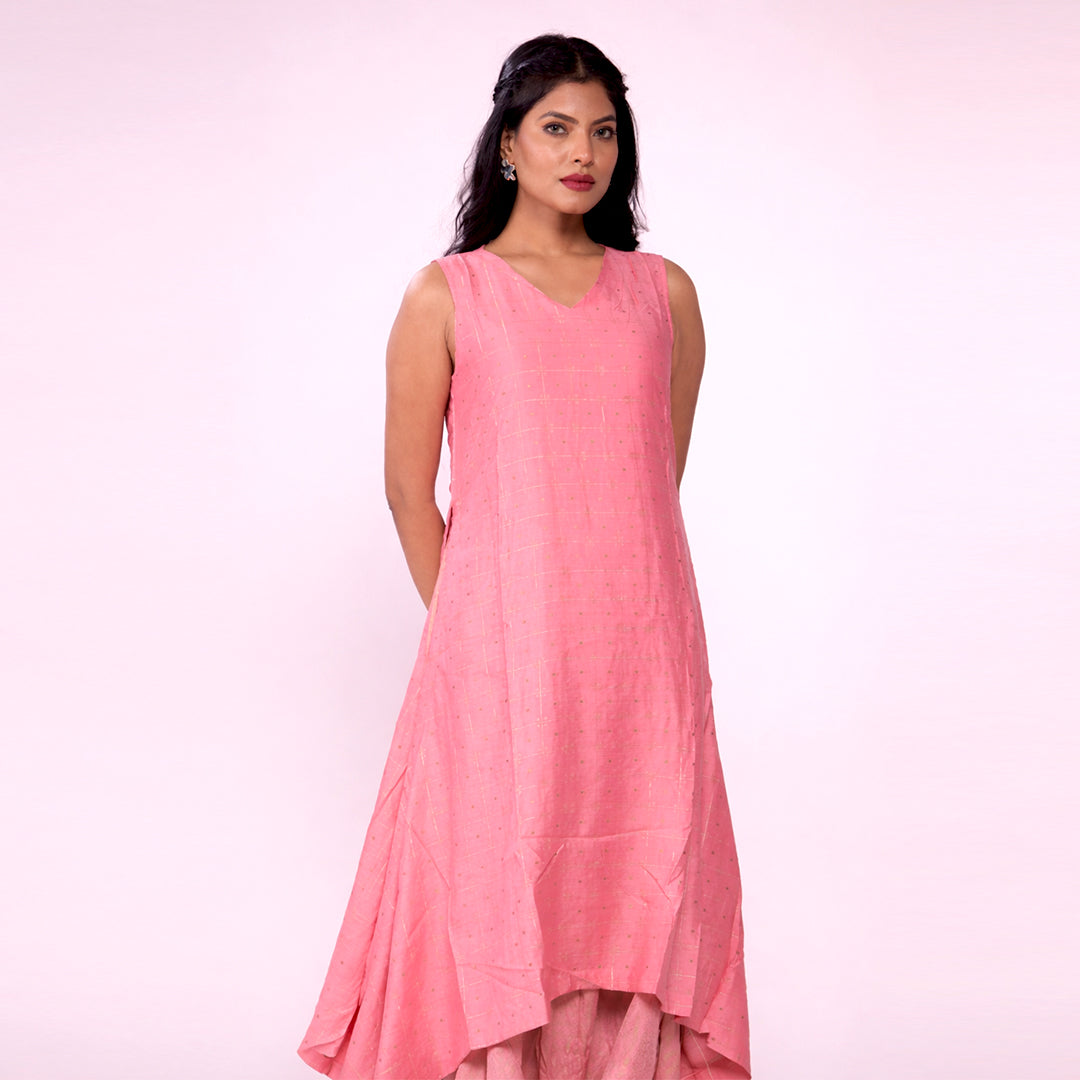 Women's Coral Pink Chanderi Midi Dress | Sleeveless Flared Ethnic Dress | Casual, Festive & Summer Wear