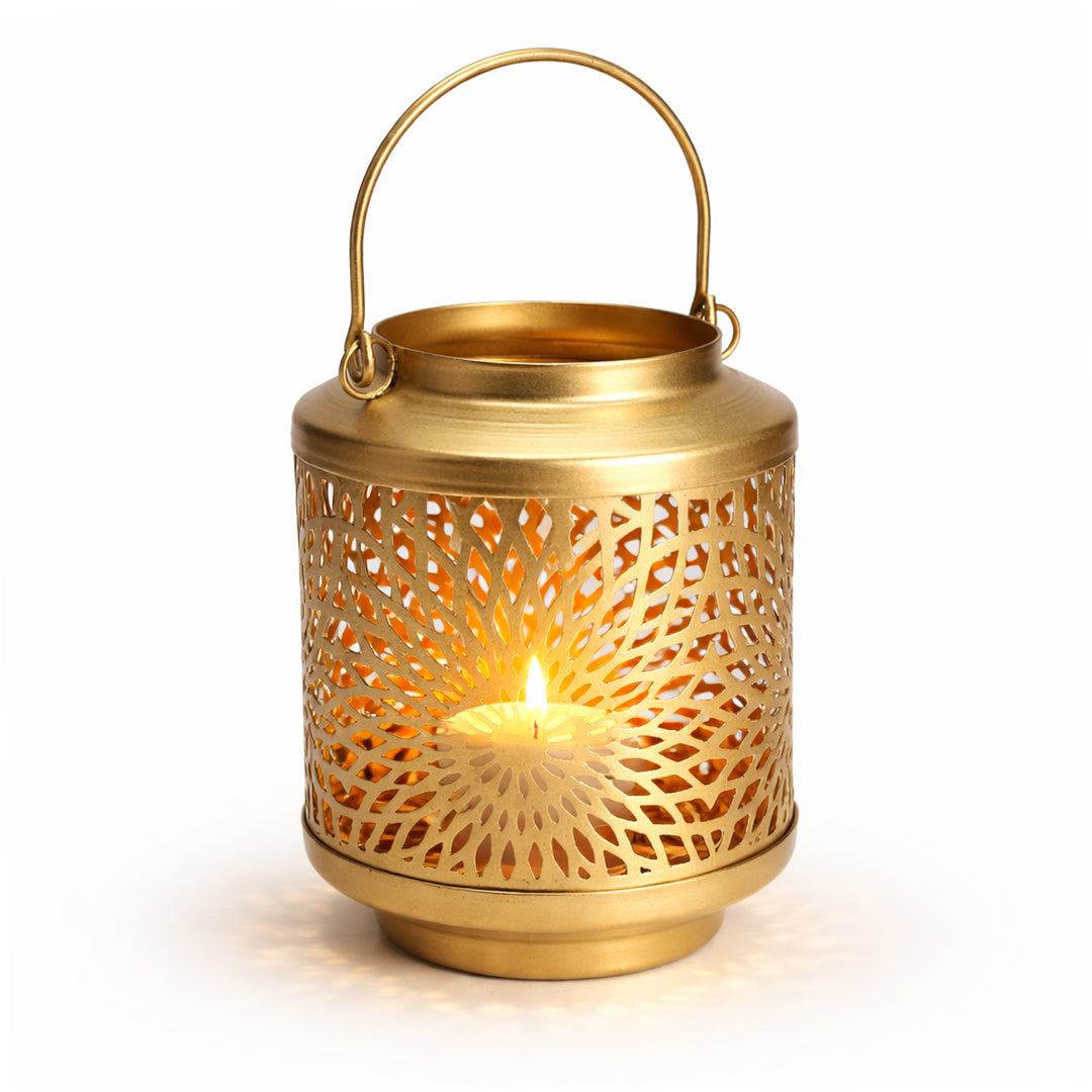 Premium Golden Metal Lantern Tea Light Holder with Handle | Decorative Candle Lantern for Home Décor & Festive Lighting I Lumine Pillar
