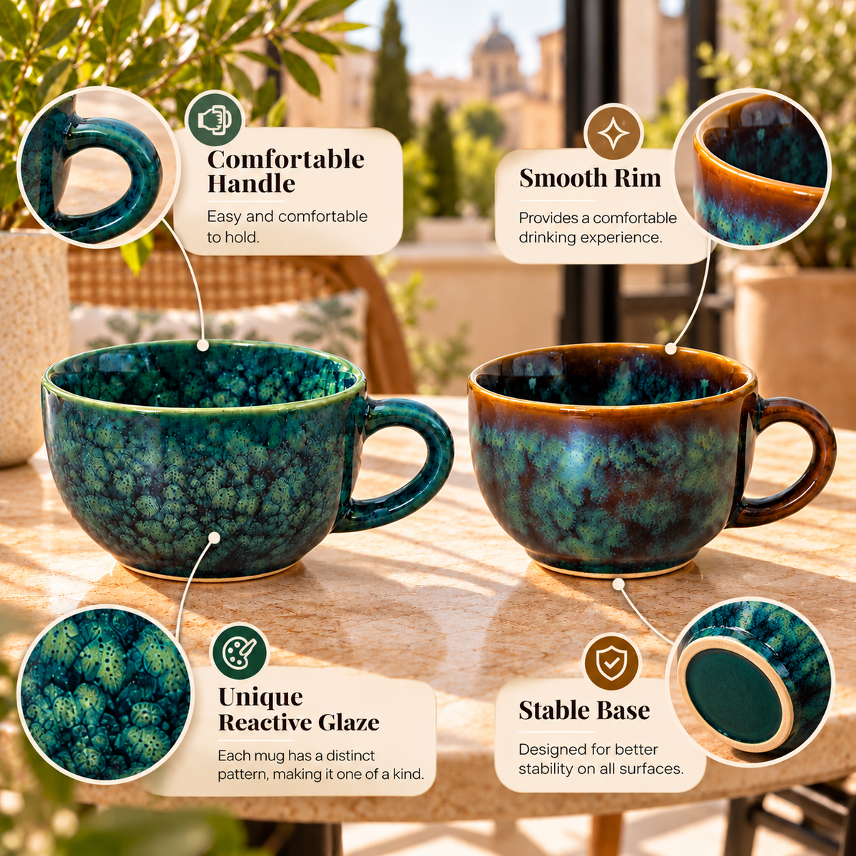 Handcrafted Ceramic Coffee Cups Set in Teal & Brown Colour