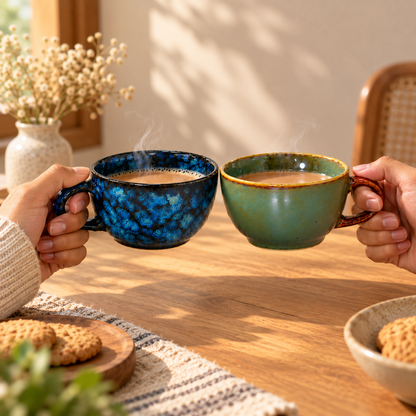 Handcrafted Ceramic Tea Cups Set of 2 – Blue & Olive Green