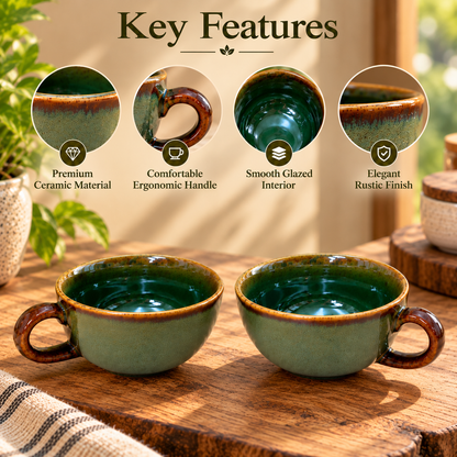 Handcrafted Ceramic Cups Set of 2 in Olive Green with Deep Green colour