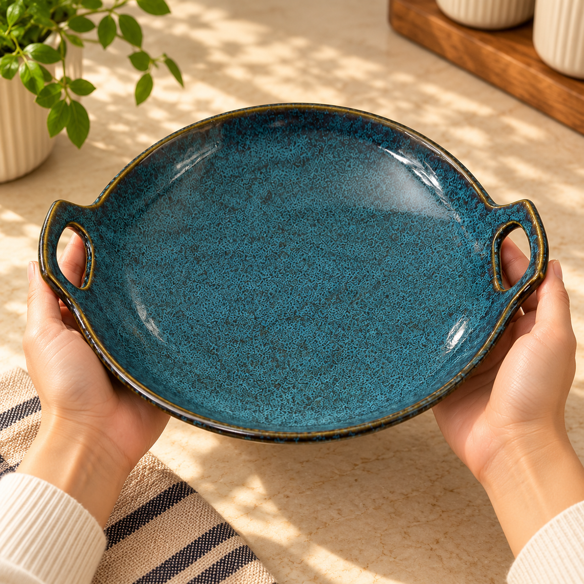 Teal Blue Textured Serving Tray With Handles