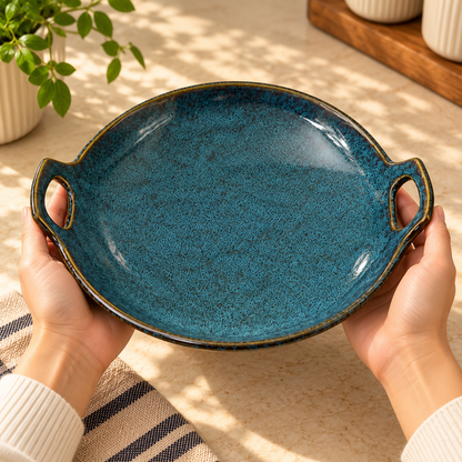 Teal Blue Textured Serving Tray With Handles