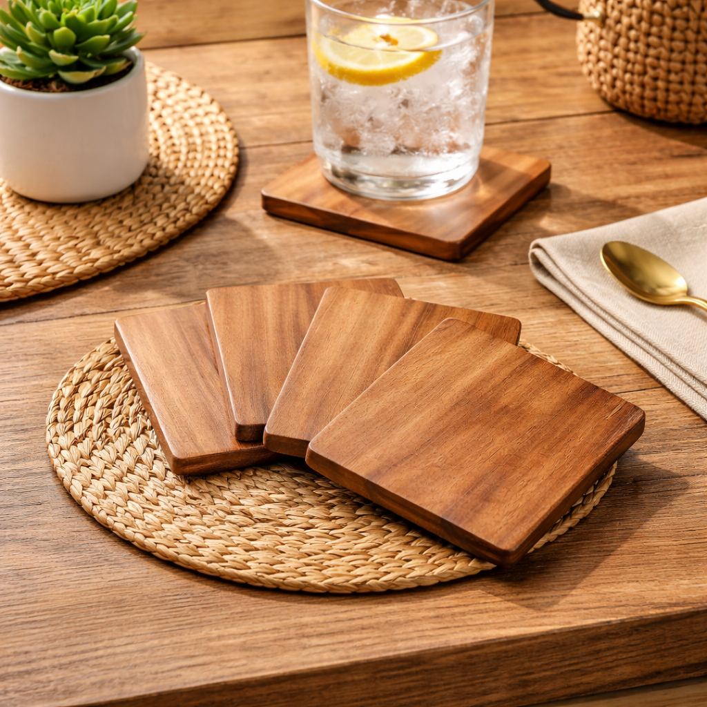 Premium Mahogany Wood Coaster Set of 4 for Coffee & Tea Cups I Mahogany Mist