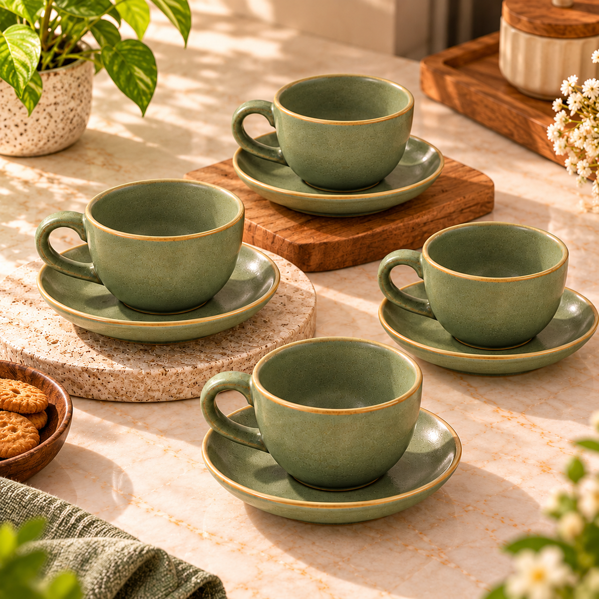 Ceramic Cup & Saucer Set in Sage Green Colour with Golden Rim