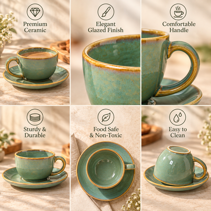 Set of 6 Sage Green Ceramic Cups & Saucers with Golden Rim