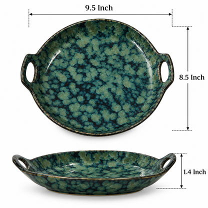 Teal Blue Floral Ceramic Serving Tray With Handles