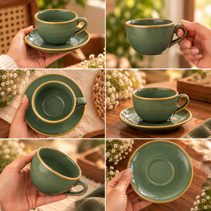 Ceramic Tea Cup & Saucer Set of 6 – Sage Green with Golden Rim