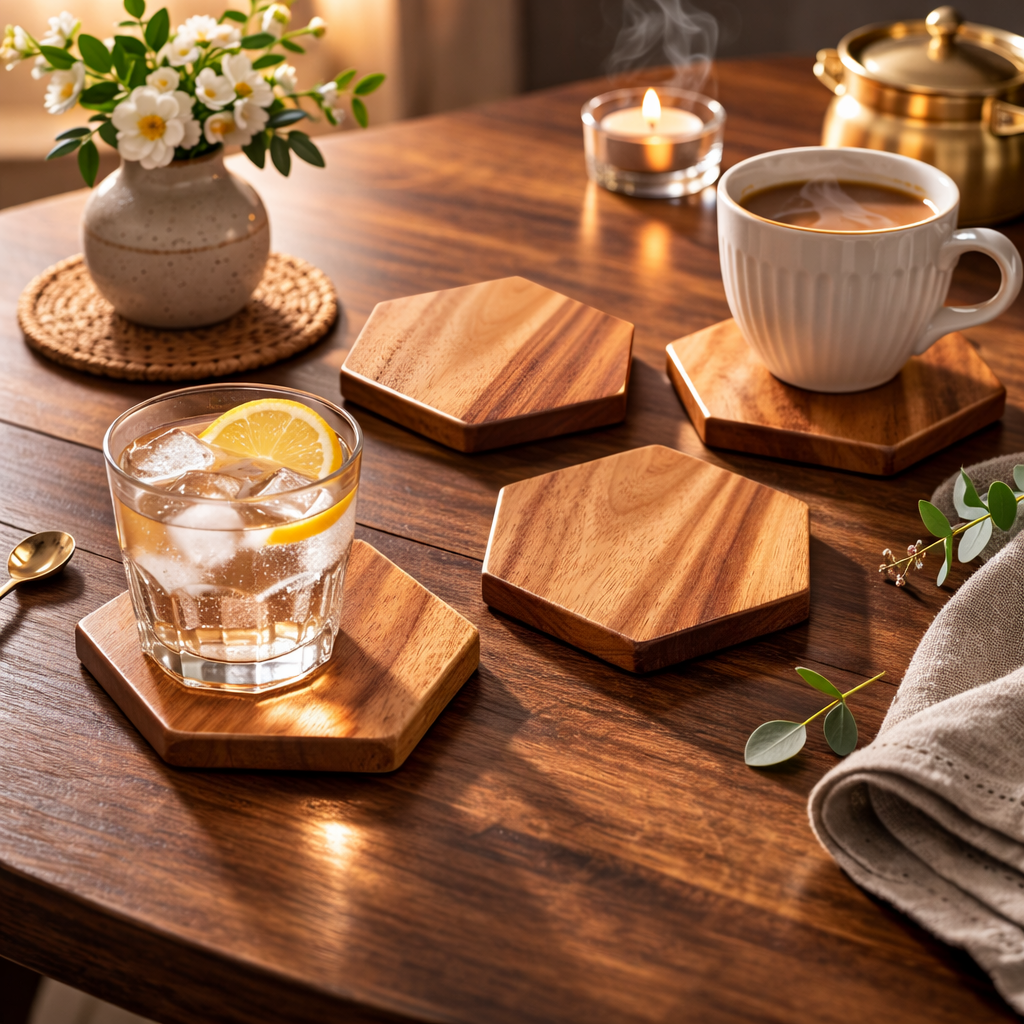 Premium Mahogany Wood Coaster Set of 4 for Coffee & Tea Cups I Grain Gleam