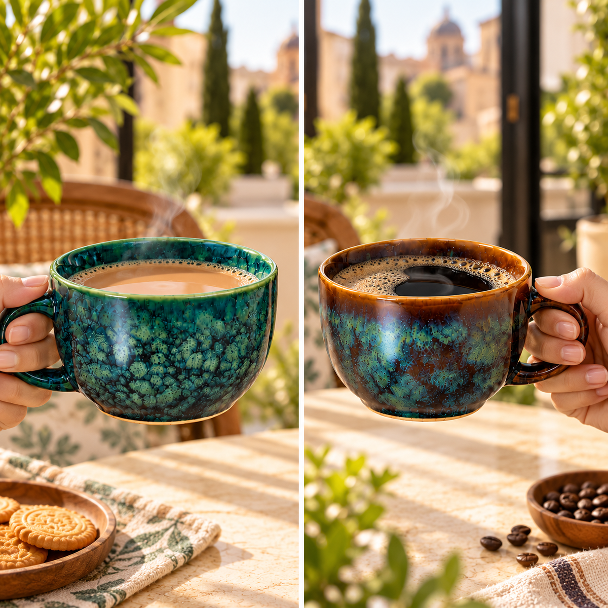 Handcrafted Ceramic Coffee Cups Set in Teal & Brown Colour