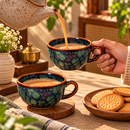 Set of 2 Artisanal Ceramic Cups – Blue, Green & Brown Reactive Glaze