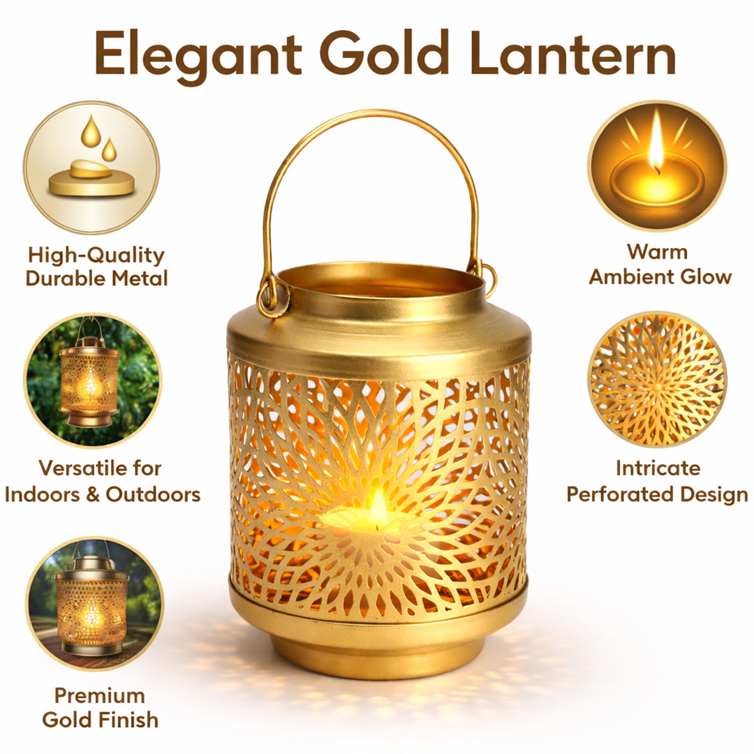 Premium Golden Metal Lantern Tea Light Holder with Handle | Decorative Candle Lantern for Home Décor & Festive Lighting I Lumine Pillar