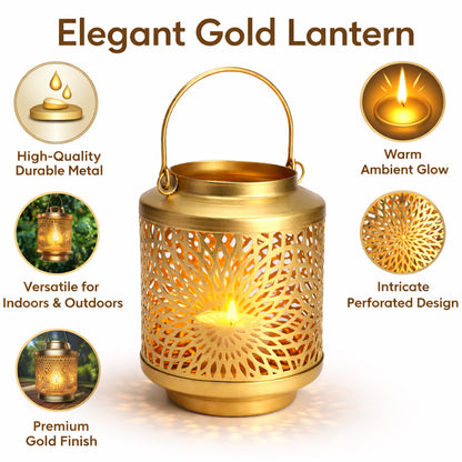 Premium Golden Metal Lantern Tea Light Holder with Handle | Decorative Candle Lantern for Home Décor & Festive Lighting I Lumine Pillar