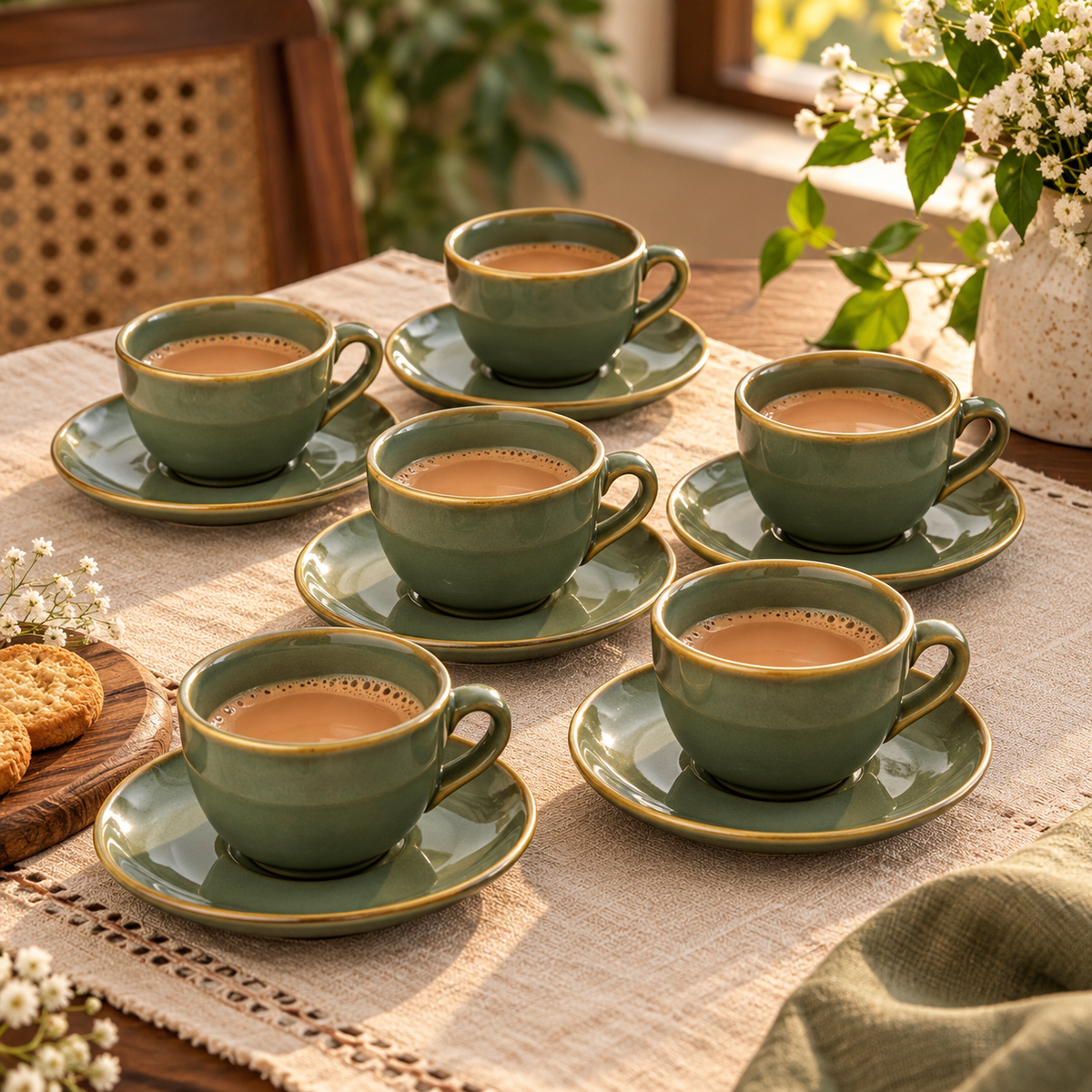 Ceramic Tea Cup & Saucer Set of 6 – Sage Green with Golden Rim