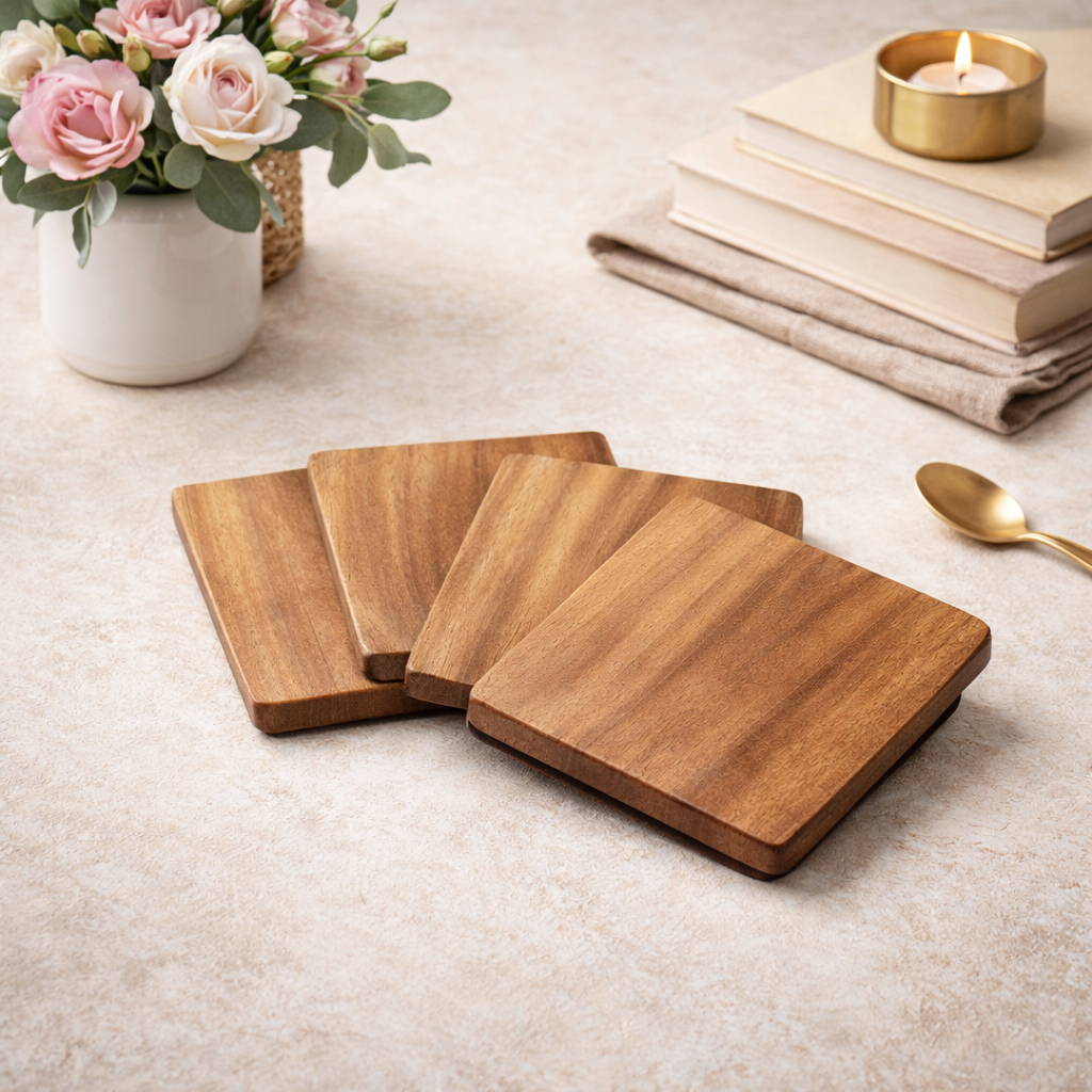 Premium Mahogany Wood Coaster Set of 4 for Coffee & Tea Cups I Mahogany Mist