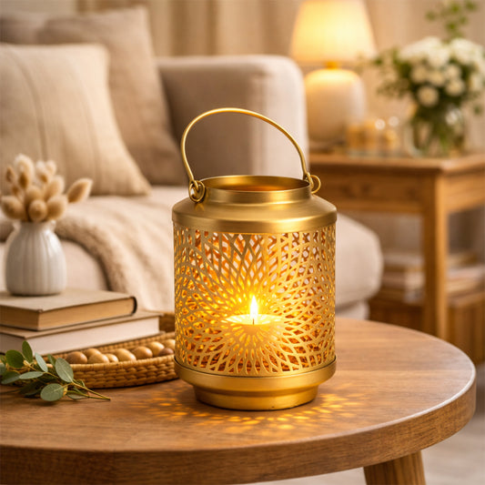 Premium Golden Metal Lantern Tea Light Holder with Handle | Decorative Candle Lantern for Home Décor & Festive Lighting I Lumine Pillar