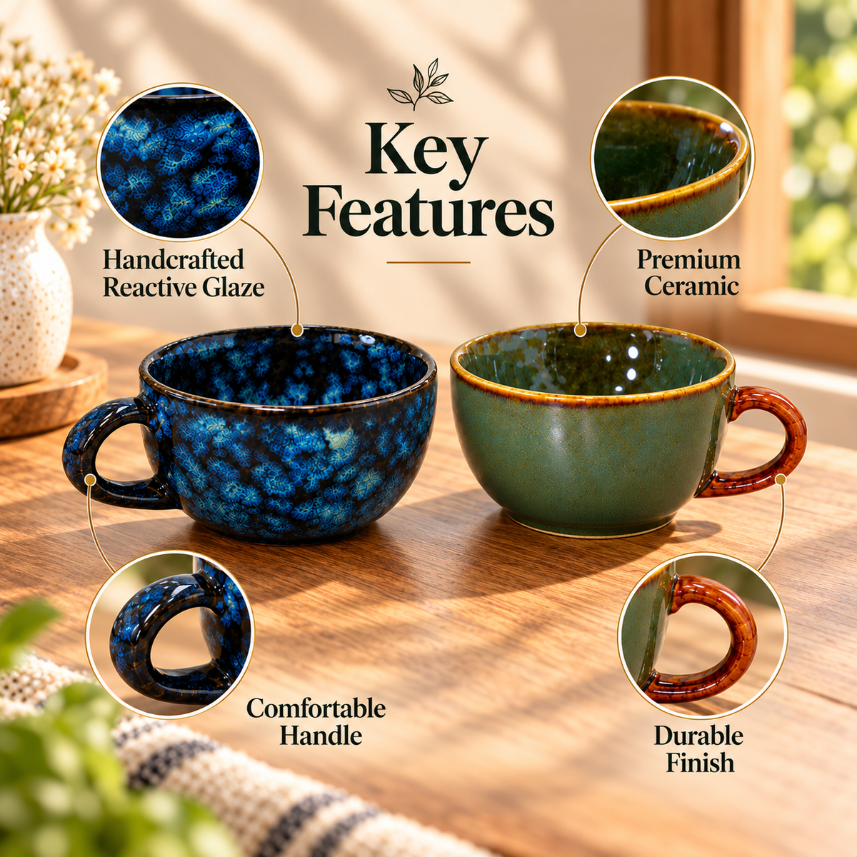 Handcrafted Ceramic Tea Cups Set of 2 – Blue & Olive Green