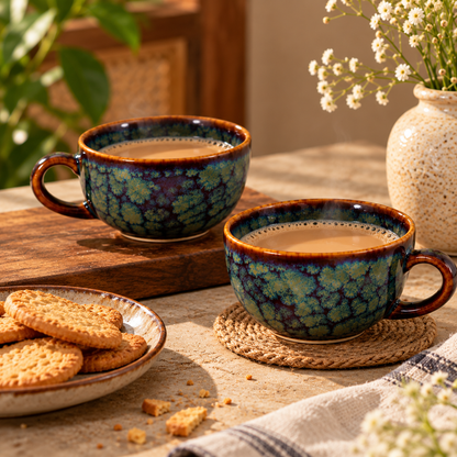 Set of 2 Artisanal Ceramic Cups – Blue, Green & Brown Reactive Glaze