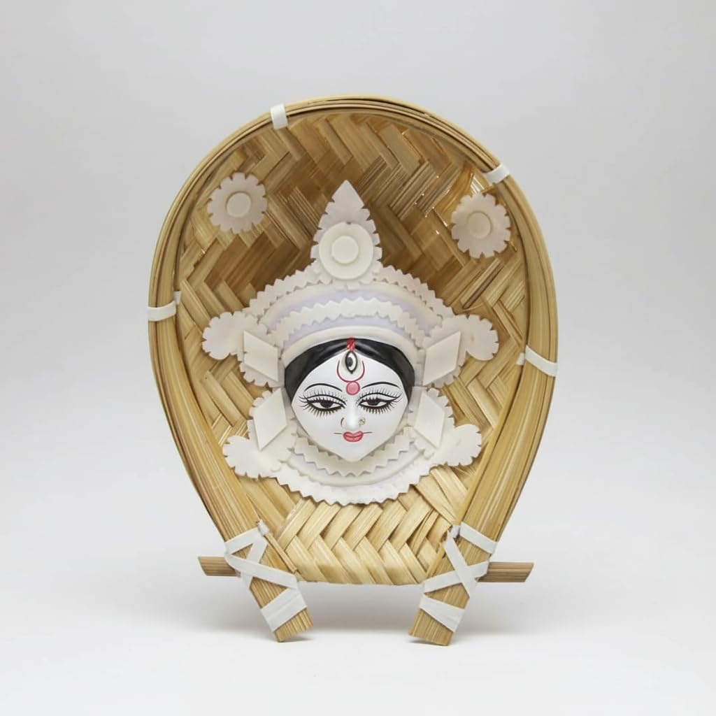 Handcrafted Sholapith Devi Wall Hanging | Traditional Bengali Durga Face Art on Bamboo Kulo | Ethnic Home Décor I Durga's Creations