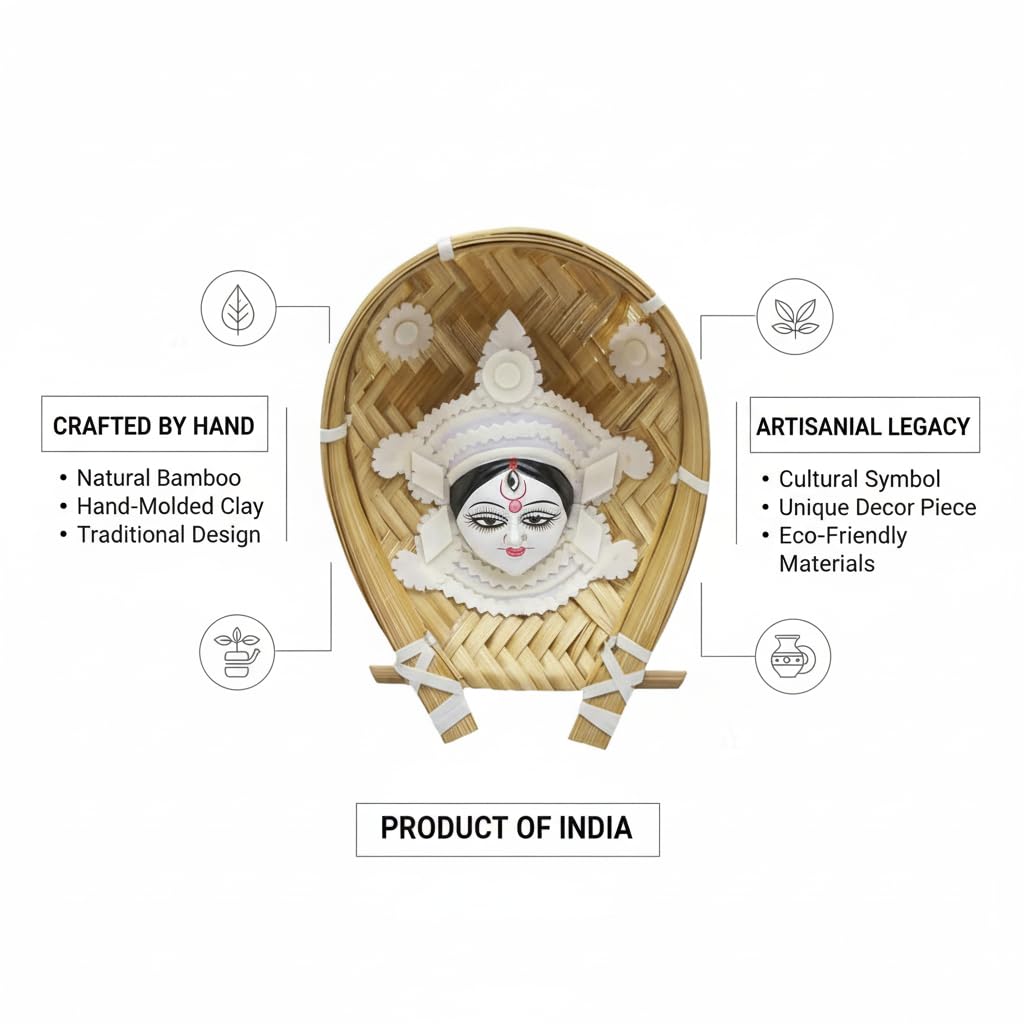 Handcrafted Sholapith Devi Wall Hanging | Traditional Bengali Durga Face Art on Bamboo Kulo | Ethnic Home Décor I Durga's Creations