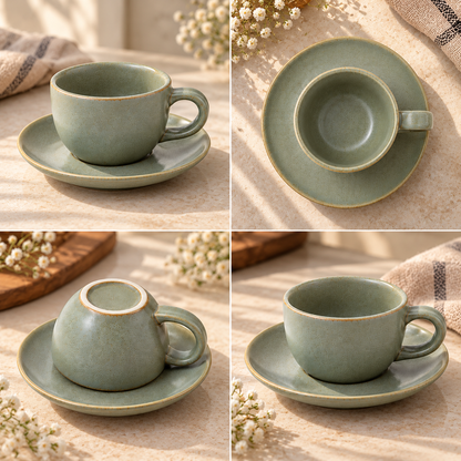 Elegant Ceramic Tea Cup with Saucer in Sage Green Colour