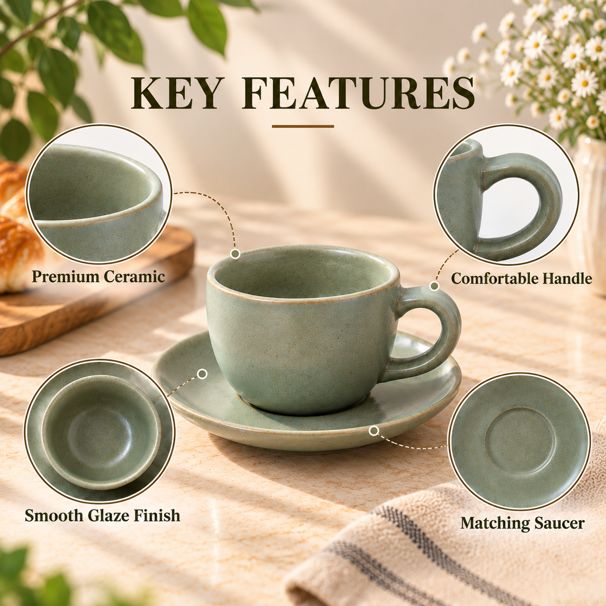 Elegant Ceramic Tea Cup with Saucer in Sage Green Colour