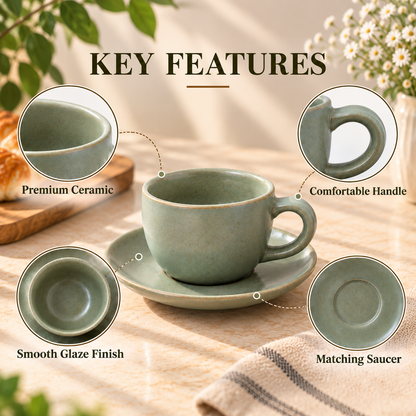 Elegant Ceramic Tea Cup with Saucer in Sage Green Colour