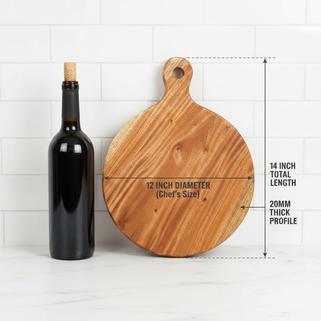 Large Round Wooden Pizza Platter & Chakla (12 Inch Working Area) | Single Block Mahogany Chopping Board with Handle I Slice Spice Round