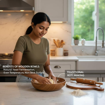 Premium Mahogany Wooden Salad Bowl (10 Inch) | Large Serving Bowl for Fruits, Rice & Face Ice Dipping
