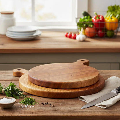 Large Round Wooden Pizza Platter & Chakla (12 Inch Working Area) | Single Block Mahogany Chopping Board with Handle I Slice Spice Round