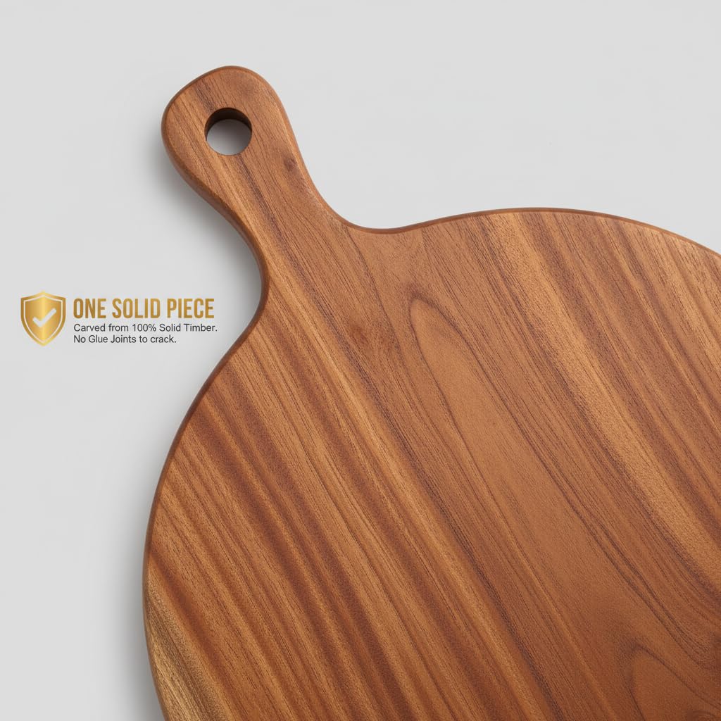 Large Round Wooden Pizza Platter & Chakla (12 Inch Working Area) | Single Block Mahogany Chopping Board with Handle I Slice Spice Round