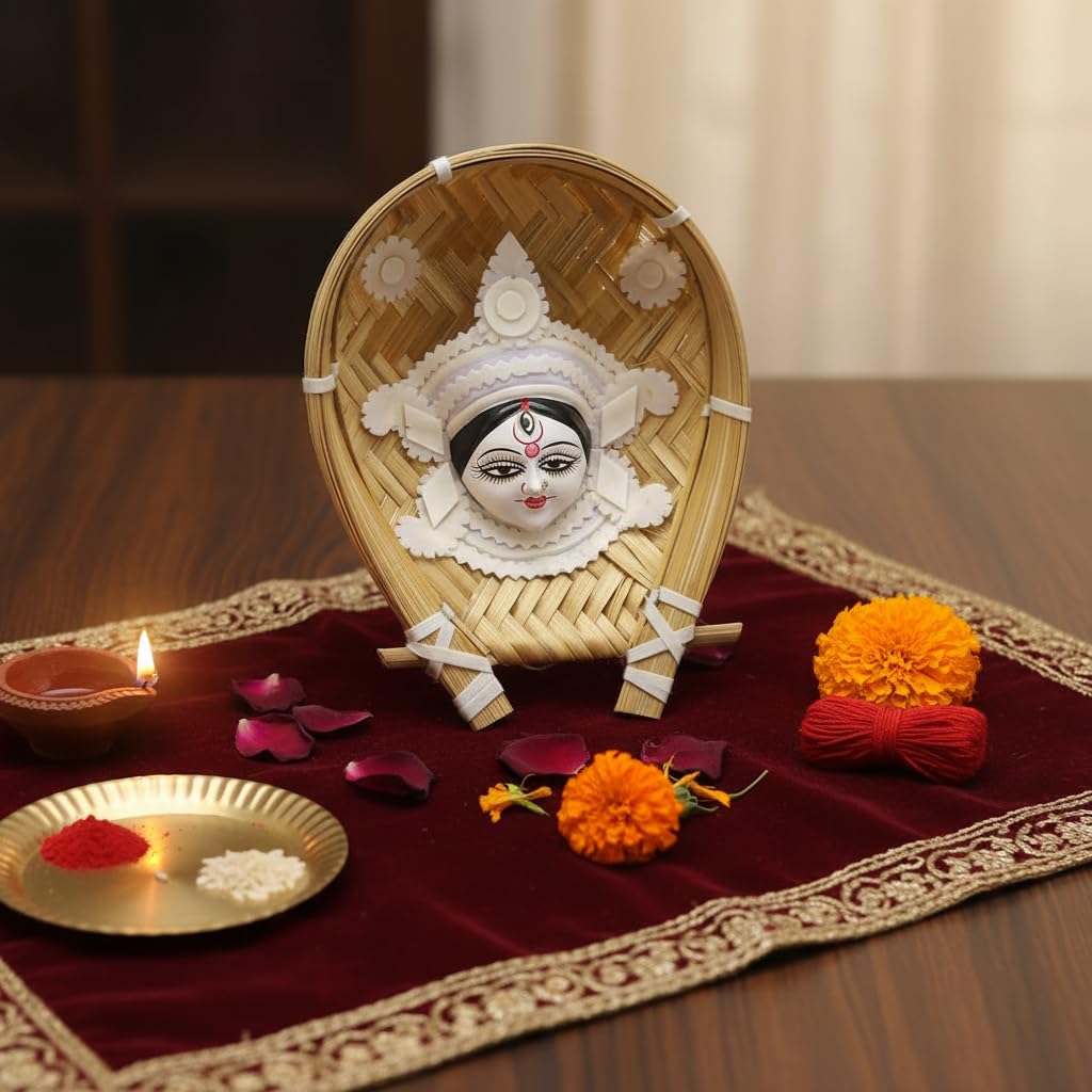 Handcrafted Sholapith Devi Wall Hanging | Traditional Bengali Durga Face Art on Bamboo Kulo | Ethnic Home Décor I Durga's Creations