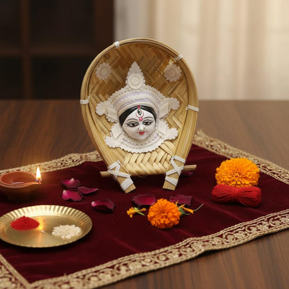 Handcrafted Sholapith Devi Wall Hanging | Traditional Bengali Durga Face Art on Bamboo Kulo | Ethnic Home Décor I Durga's Creations
