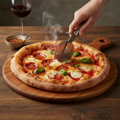Large Round Wooden Pizza Platter & Chakla (12 Inch Working Area) | Single Block Mahogany Chopping Board with Handle I Slice Spice Round