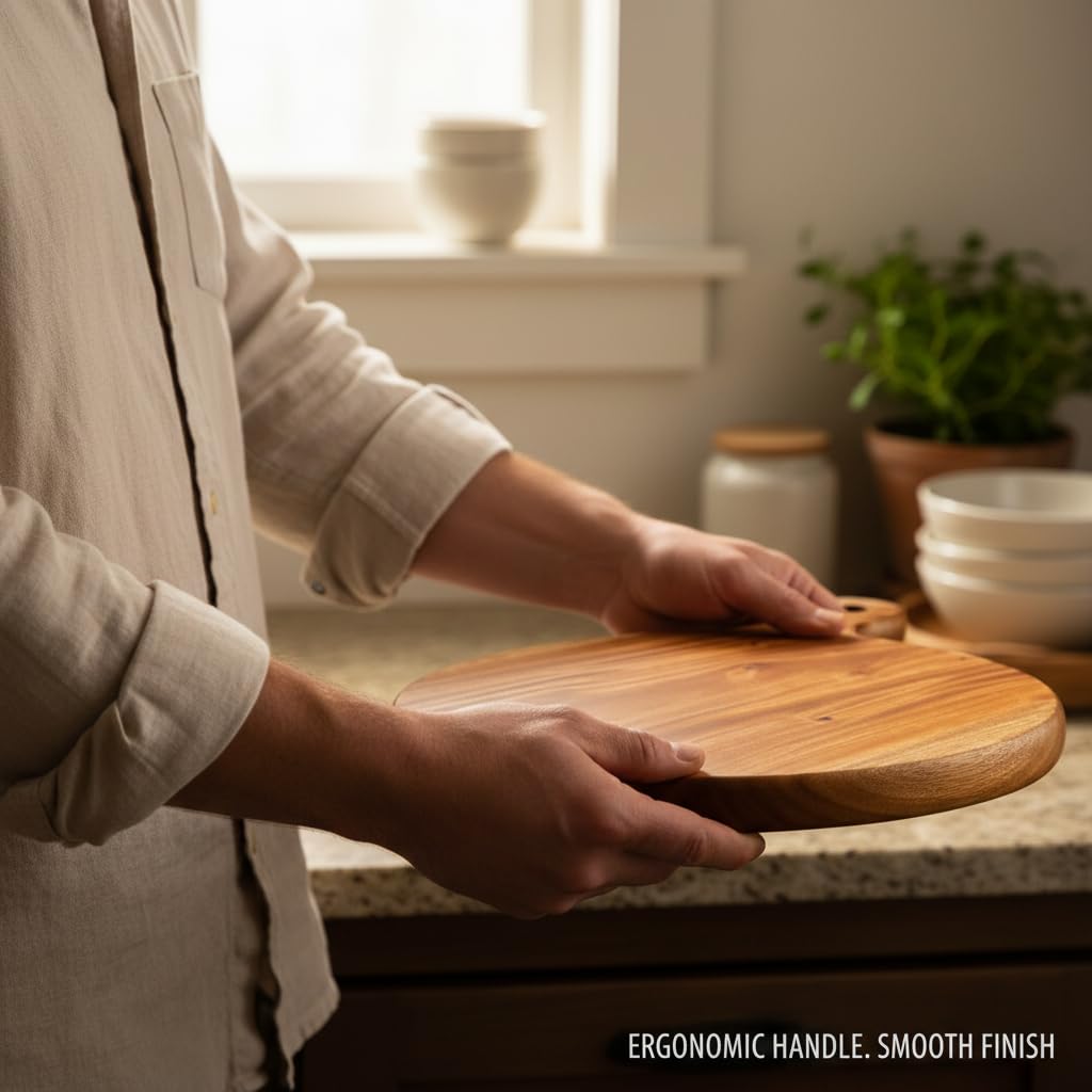 Large Round Wooden Pizza Platter & Chakla (12 Inch Working Area) | Single Block Mahogany Chopping Board with Handle I Slice Spice Round