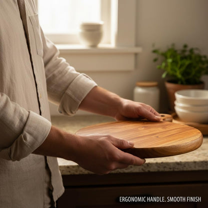 Large Round Wooden Pizza Platter & Chakla (12 Inch Working Area) | Single Block Mahogany Chopping Board with Handle I Slice Spice Round