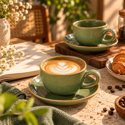 Ceramic Cup & Saucer Set in Sage Green Colour with Golden Rim