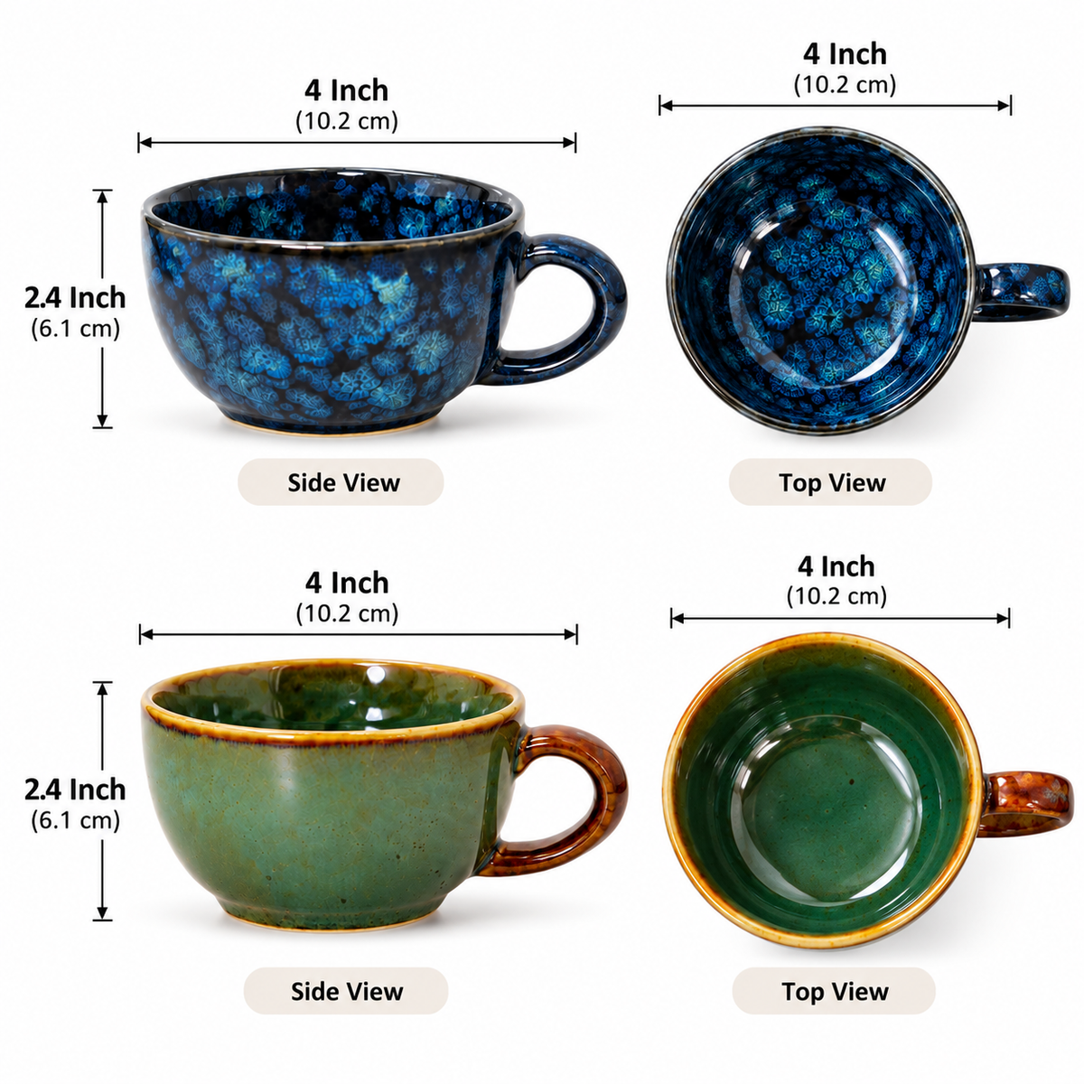 Handcrafted Ceramic Tea Cups Set of 2 – Blue & Olive Green