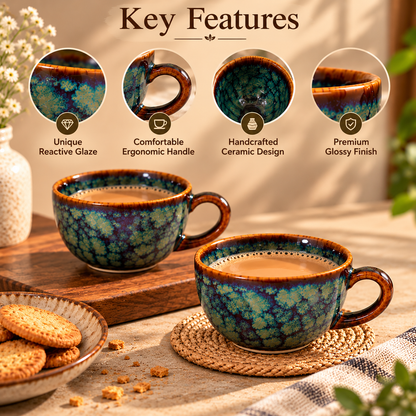 Set of 2 Artisanal Ceramic Cups – Blue, Green & Brown Reactive Glaze