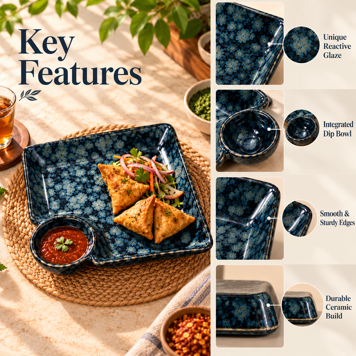 Handcrafted Ceramic Serving Tray with Dip Bowl in Blue Colour