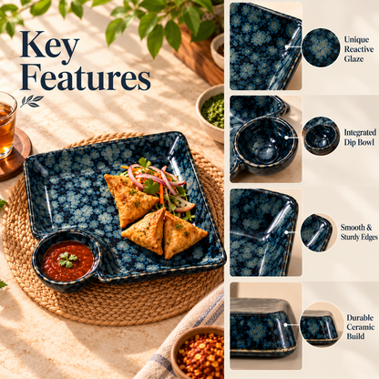Handcrafted Ceramic Serving Tray with Dip Bowl in Blue Colour