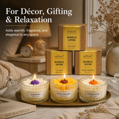 Scented Candles Gift Set of 3 | Lavender, Sandalwood & Honeysuckle | 3x80g Jar Candle | Fragrance Candles for Home Decor | Birthday Anniversary Gifting Hamper | Aromatherapy (Pack of 3)