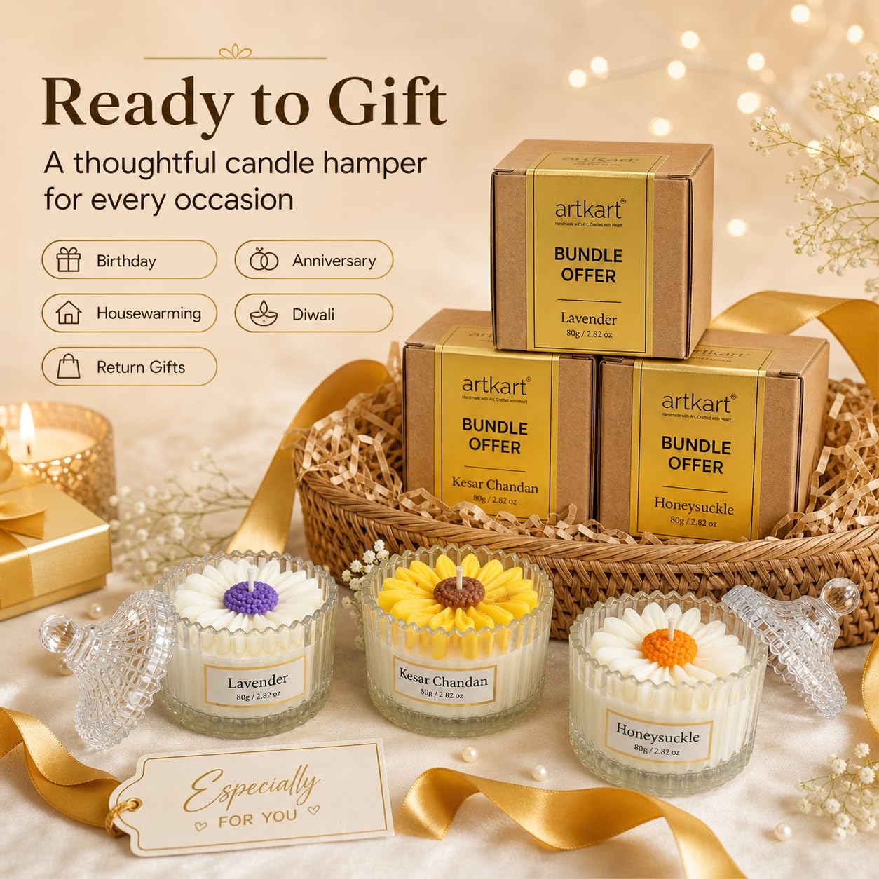 Scented Candles Gift Set of 3 | Lavender, Sandalwood & Honeysuckle | 3x80g Jar Candle | Fragrance Candles for Home Decor | Birthday Anniversary Gifting Hamper | Aromatherapy (Pack of 3)